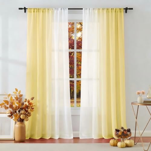 Yellow Ombre Chiffon Sheer Curtains 54 Inch Long Drapes Rod Pocket 2 Panels