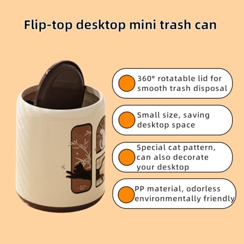Image of Mini Desktop Trash Can 0.7 Gallon,Tiny Countertop Waste Baskets with 360 Flip-Top Lid,Small Trash Bin Includes 50 Bags,Little Table Garbage Can with Cat Pattern for Bathroom Office