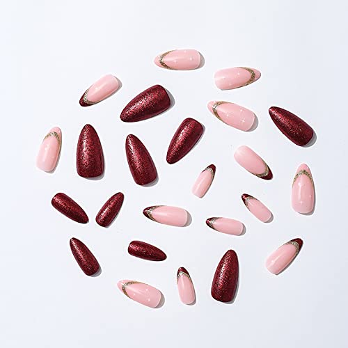 Red Press On Nails Medium Fake Nails Almond Shape Acrylic Nails French Tip False Nails With Gold Glitter Design Full Cover Glossy Artificial Nails Glue On Nails Stick On Nails For Women Girls 24Pcs #TOP5