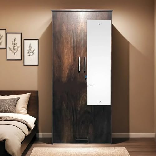 Image of CASPIAN Engineered Wood 2 Door Wardrobe (Brown) | Pre-Assembled Furniture with Dressing Mirror | Cupboard /Almirah for Bedroom Clothes Storage Organizer with 4 Shelves & 3 Drawers