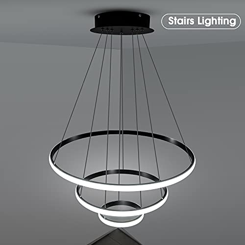 Viruhaka Modern LED Pendant Light, Adjustable Height Circular Entrance Black 3 Ring Circular Chandelier Fixture, Suitable for Restaurants, Kitchens, Islands, Living Rooms, Cafes, Etc. (4000K) by Viruhaka - Image 4