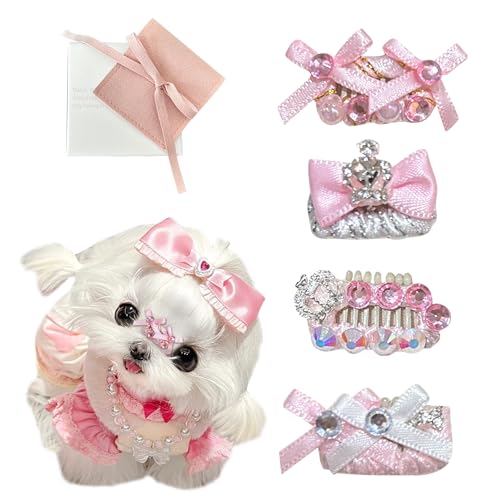 Rizzco 4Pcs Puppy Handmade Small Size Bows Dog Hair Clippers for Yorkie Shitzu Maltese Dog Hair Bows Barrettes Cute Accessories for Doggie Cat Pet (Pink Girl)