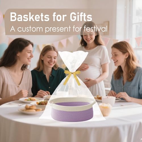 Image of JMvicyroam Small Woven Basket, Empty Gift Basket, White&Purple /3 Pack | Small Gift Basket, Cotton Rope, 12 x 8 x 56 in, Handles, Includes Ribbon and Bag, Birthday Gift Basket