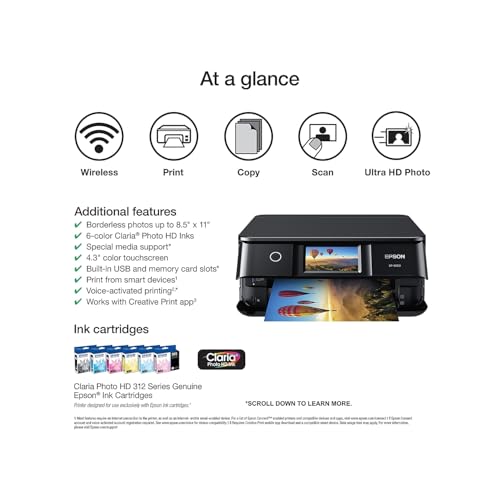 Epson Expression Photo XP-8700 Wireless All-in-One Printer with Built-in Scanner and Copier and 4.3