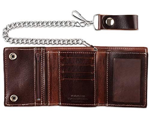 Image of RFID Blocking Men's Tri-fold Vintage Biker Cowhide Leather Steel Chain Wallet,Snap closure, Made In USA,cp315,brown