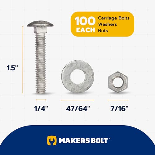 Image of 1 /4 inch x 1-1 /2 inch (100 Pack) Galvanized Carriage Bolt Kit Grade 307A Includes 1 /4 inch USS Flat Washers (100 pcs) and 1 /4 inch-20 Hex Nuts (100 pcs), Hot Dip Galvanized for Exterior Use by Makers Bolt