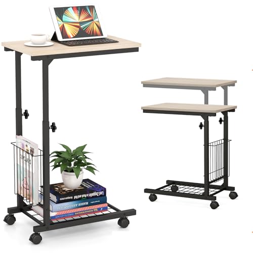 LIFEZEAL Mesa en Forma de C, Mesa Auxiliar para Sofá con Ruedas, Mesa Lateral con Bolsillo para Computadora Portátil, PC, Estructura de Metal, para Cama, Salón (Natural)
