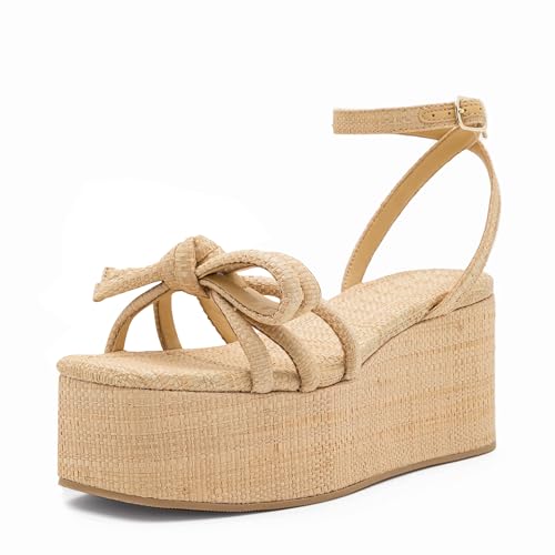 Raffia Platform Sandals for Women,Bow Ankle Strappy Espadrille Wedges Sandals Comfortable Square Open Toe Straw Sandals
