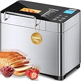KBS Stainless Steel Bread Machine,1500W 2LB 17-in-1 Programmable XL Bread Maker with Fruit Nut Dispenser, Nonstick Ceramic Pan& Digital Touch Panel, 3 Loaf Sizes 3 Crust Colors, Reserve& Keep Warm Set