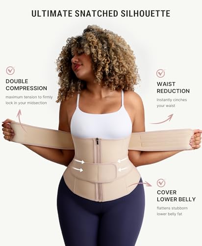 Image of FeelinGirl Waist Trainer for Women Belly Fat Long Torso Sauna Workout 2 Belt With Zipper 7 Steel Bones Corset