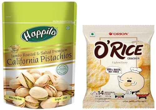 Image of Orion O'rice cracker - Baked Korean snack Pack of 1-151g |Weekly snack pack |Healthy snack & Happilo Premium Californian Roasted and Salted Pistachios, 200g (Pack of 1) -