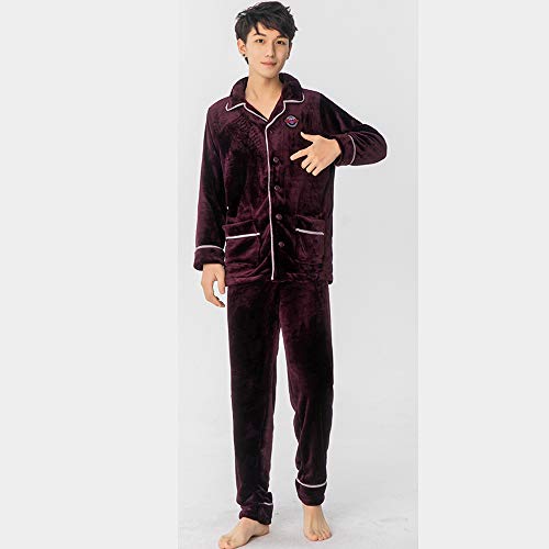 Ensemble de pyjamas chauds hommes velours vêtement nuit boutonné rouge - 3