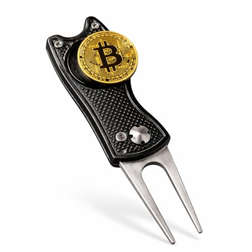 HODL 21 Bitcoin Golf Divot Repair Tool, All-Metal - Golf Accessories - 3- in-1 Golf Multitool (Divot Tool, Ball Marker, Club Holder) - Foldable with with Pop-up Button & Magnetic Ball Marker - Black