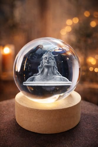Image of 3D Crystal Ball Night Lamp - LED USB Decorative Light with Wooden Base - Laser Engraved Adiyogi Design for Home Decor & Gifting