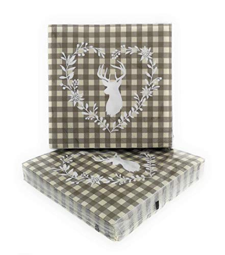 MC Trend 40 stuks servetten geruit hert motief jager forster jacht broodtijd picknick eten drinken landhuisstijl tafeldecoratie (bruin/beige geruit met wit hert en hart)