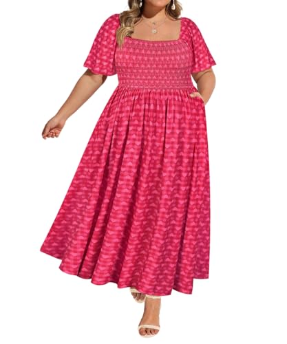 Image of RITERA Plus Size Dresses for Curvy Women Square Neck Short Sleeve Summer Floral Smocked Maxi Dress with Pocket XL-5XL