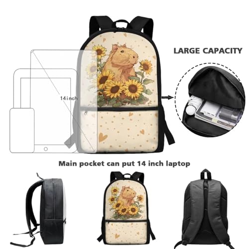 Capybara Backpack for School Girls Ages 6-8 with Lunch Box Kawaii Bookbag and Lunch Bag Pencil Case Water Bottle Holder Pencil Case Elementary Student School Bag Lunchbox Set, Sunflower4