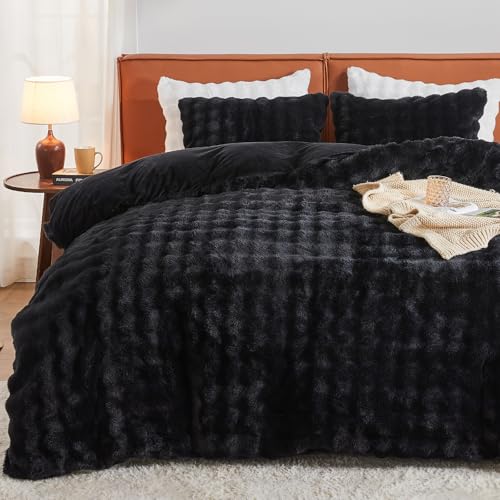 Image of EMME Faux Fur Duvet Cover Queen Size, 3 Pieces Ultra Soft Fluffy Comforter Cover, Cozy Warm for Winter, Luxury Elegant Shaggy Bubble Design Bedding, 1 Duvet Cover & 2 Pillow Shams (Queen, Black)