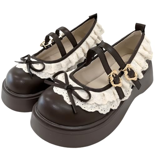Kawaii Lolita Gothic Y2K Round Toe Chunky Heels Bows Ruffle Lace Trim Straps Mary Jane Platform Shoes