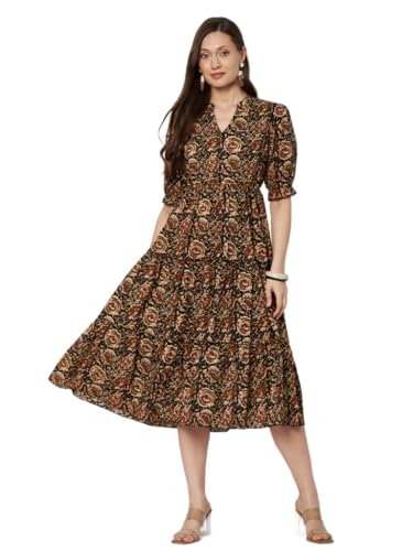 Image of Women's Floral Summer Maxi Dress I Cotton Printed I One Piece Bodycon Midi Dress with V-Neck, Puffed Sleeves