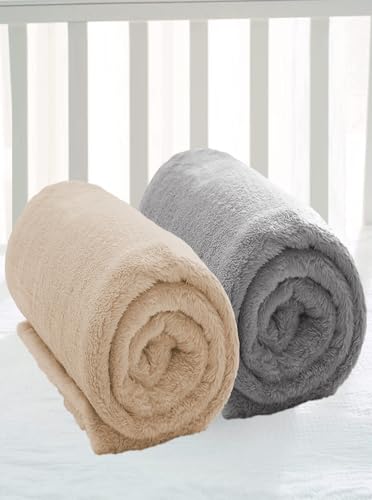 Image of Amazon Brand - Umi Super Soft Single Layered Flannel Baby Blanket - Grey & Beige | Cozy & Breathable | Warm, Soft, and Comfortable | Perfect for Newborns | Unisex Design for Boys & Girls (Pack of 2)