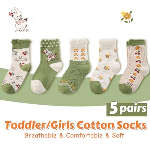 5 Pairs Toddler Girl Kids Socks, Cute Flower Green Soft Cotton Crew Socks, 1~12Years2