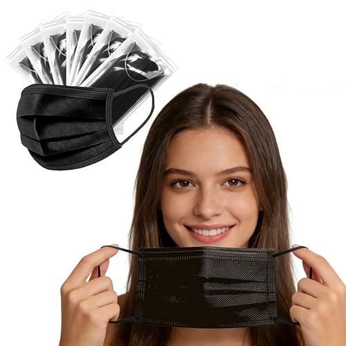 Image of NNPCBT Black Individually Wrapped Masks 50pcs, Disposable Face Masks for Adults, 3 Ply Breathable Face Mask Black Indoor Outdoor