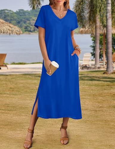 Image of Zeagoo Women Summer Floral Dress Short Sleeve Beach Dress with Pockets Casual V-Neck Split Long T-Shirt Dress Travel Vacation