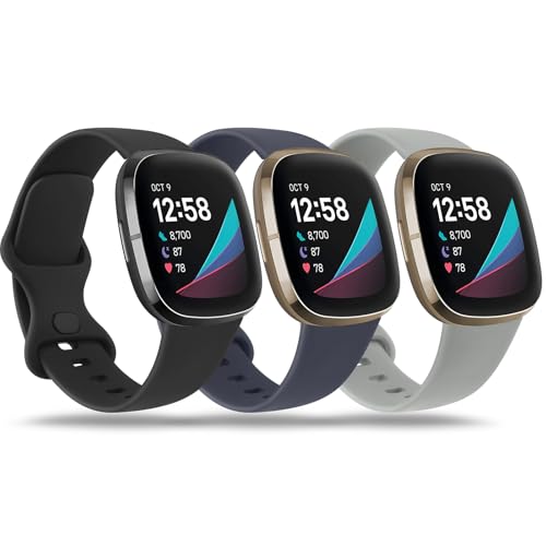 Meliya 3 Piezas Correas para Fitbit Versa 4 / Fitbit Versa 3,Correa Silicona Pulseras Repuesto para Fitbit Versa 4/Versa 3/Sense 2/Sense Hombre y Mujer(L,Negro/Azul marino/Gris)