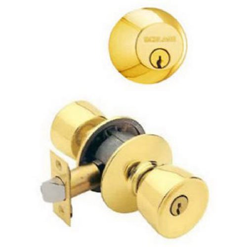 Schlage FB50N V BEL 505 B60 Single Cylinder Deadbolt and F51 Keyed Entry Bell Knob Keyed Alike, Bright Brass Finish
