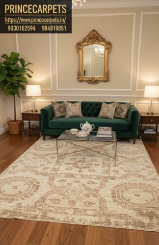 Image of 8x11 Feet (240x340 CM) Carpet for Living Room Hall & Drawing Room - Green Gold Modern Abstract Geometric Silk-Touch Luxury Hotel-Style Washable Anti-Skid Turkish Area Rug