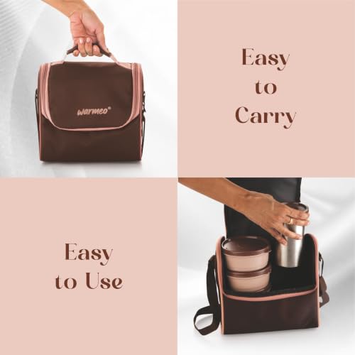 Image of WARMEO Micro Meal Microwave Safe Lunch Box | 1 Rectangular Container 600ml + 2 Round Containers 350ml Each + 1 Round Container 250ml + 1 Steel Tumbler 500ml | Office,School,Picnic,Brown