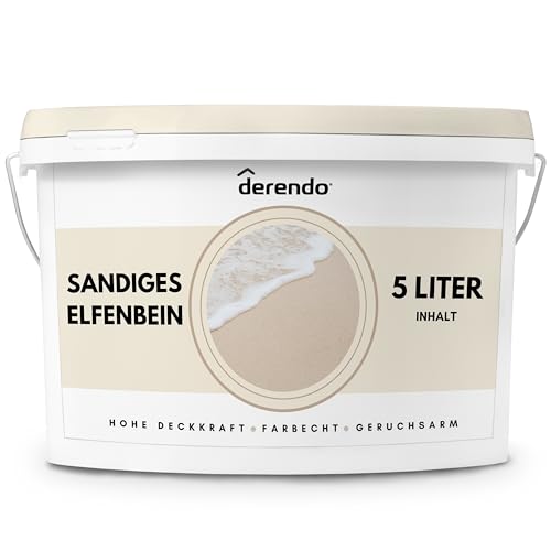 derendo Exklusive Wandfarbe beige 5L, hohe Deckkraft, Dispersionsfarbe innen, Innenwandfarbe Raumfarbe Sandiges Elfenbein matt, Deckkraftklasse 2, hochdeckende Innenfarbe Profi Qualität