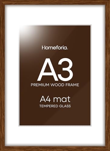Image of Homeforia A3 Picture Frame Brown Wood, High-End Dark Oak 11.7 x 16.5 Poster Walnut Frames Matted to 8.3 by 11.7 inch Photo, A3 Size Wooden Frame with Mat for A4 Art, Tempered Glass, Wall Kit, Set of 1