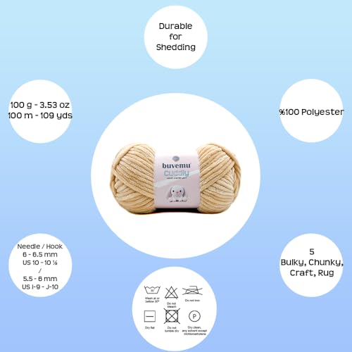 Image of Cuddly Velvet Chenille Yarn, Super Soft Fluffy Bulky for Knitting Crocheting Crafting Blanket Amigurumi, Durable for Shedding, 100 Gram (3.53 Ounces) 109 Yards (100 Meters) (Beige)