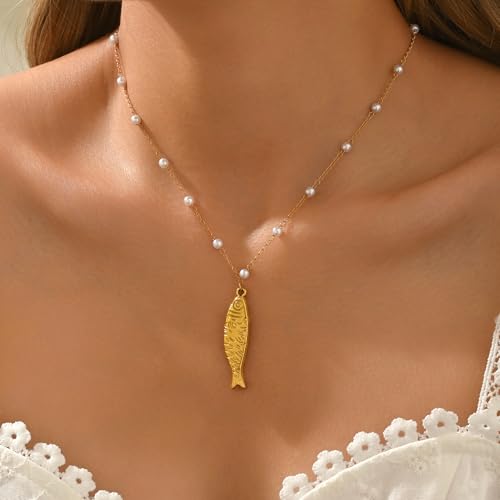 Gold Fish Pendant Necklace for Women, 18K Gold Plated with Pearl Bead Chain, Adjustable 16-18 Inch, Waterproof Ocean Beach Jewelry Gift for Her4
