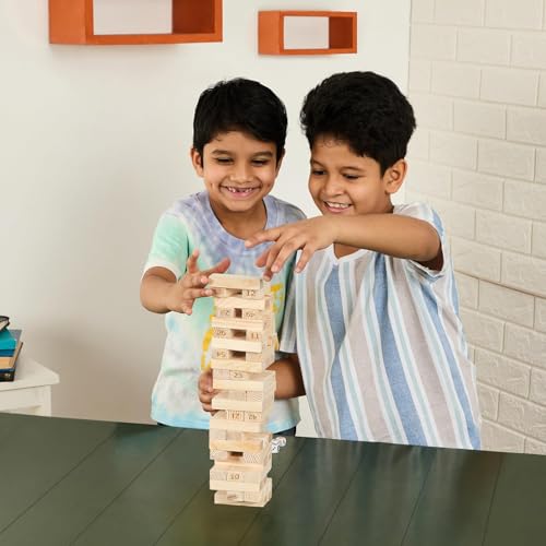 Image of Amazon Brand - Jam & Honey- 54pcs Premium Hardwood Tumbling Tower,4 Dices | Wooden Building Blocks | Stacking Tower Game |Party Game, Birthday Gift for Adults and Kids Age 6+, Multiplayers