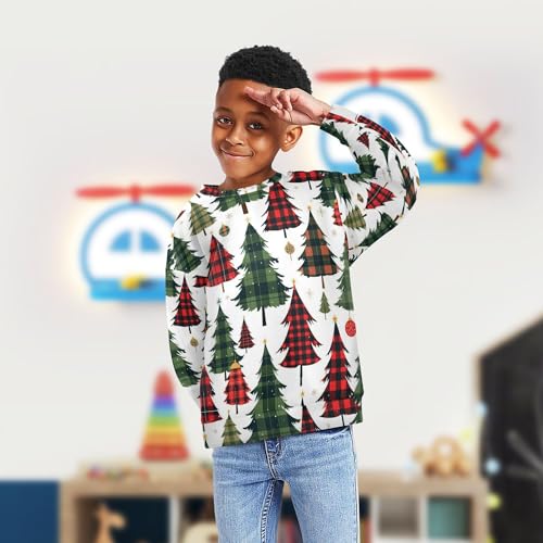 JUNZAN Buffalo Plaid Christmas Trees Big Boys Hoodie Sweatshirt Crewneck Sweatshirts for Boys Party 4T4