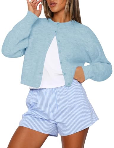 Image of Kistore Women's Fall Cardigan Long Sleeve Crewneck Lightweight Button Down Knit Crewneck Crop Cardigans Sweater Light Blue Small