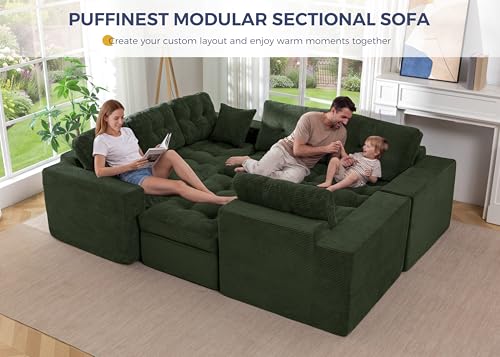 Image of MAXYOYO Modular Sectional Sofa with Ottoman and Loveseat, Cloud Boneless Couch with Layered Cushion, Flexible Module Combination Sofa for Living Room, No Assembly Required,Dark Green