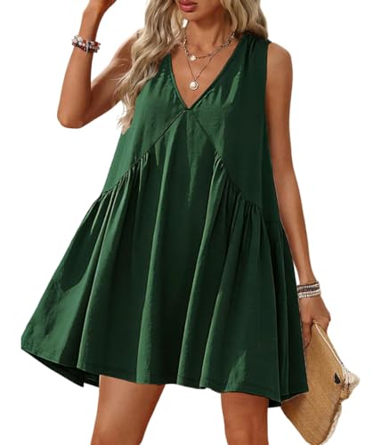 Image of Womens Babydoll Dress Summer Sleeveless Mini Dress Casual Loose V Neck Swing Flowy Beach Sundresses with Pockets
