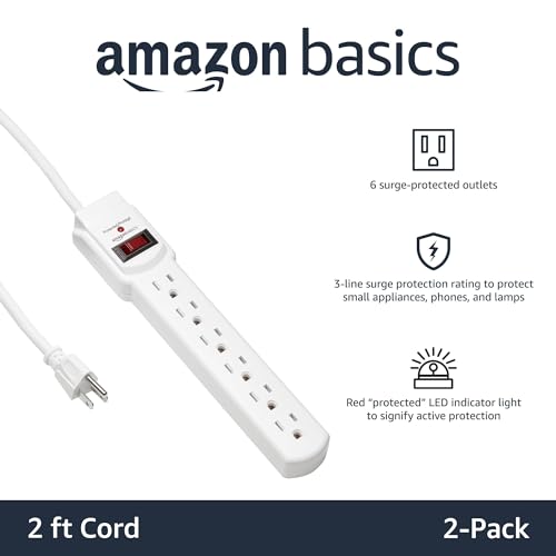 Image of Amazon Basics Surge Protector Power Strip, 6-Outlet with 200J Protection, Circuit Breaker, LED Indicator, On /Off Switch, Wall-Mounting, 2ft Extension Cord, White, 2-Pack