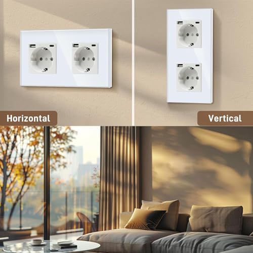 BSEED USB Steckdose Wei&szlig;, 2 Fach Schuko Steckdose mit USB Anschluss (Max. 2.1A) Typ C Port Unterputz, Glas Schutzkontakt, Wandsteckdose Ladeger&auml;t f&uuml;r Handys, Laptops etc (2 Pack)