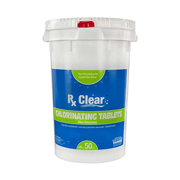 Rx clear 3 inch stabilized chlorine tablets 50 pounds individual chlorinating tabs for sanitizing swimming pools spas long lasting slow dissolving and uv protected  urban country home decor