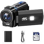 Video Camera Camcorder 4K, 48MP Vlogging Camera for YouTube with 16X Digital Zoom IR Night Vision 3” 270° Rotatable Touchscreen Video Recorder with Battery, 32GB Card, Remote Control