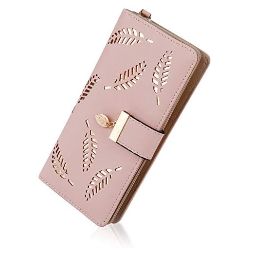 Monedero Largo de Cuero Rosa Lindo Monedero de Cuero para Mujer, Estuche de Embrague, Colgante de Hoja, Cremallera para Monedas