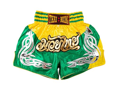 Muay Thai Shorts for Men Women Slim Cut MMA Boxing Shorts Training Kickboxing Workout Clothing Martial Arts Trunks (Medium, PRM Green/Yellow)