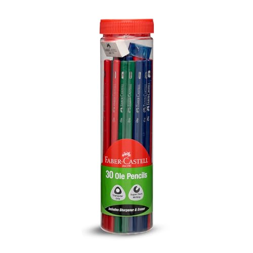Image of Faber-Castell 30 Ole Pencils Jar - Ergonomic Triangular Pencils with Sharpener & Eraser | Multicolor Set for Writing & Drawing
