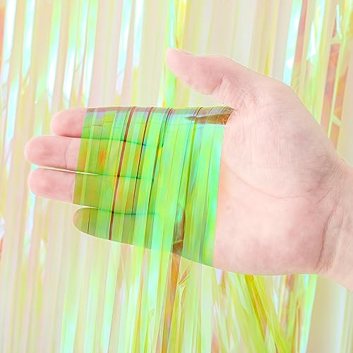 Image of Voircoloria 2 Pack Green Iridescent Tinsel Foil Fringe Curtains, Neon Party Decorations, Metallic Tinsel Party Streamers Backdrop for Birthday Baby Shower Halloween Wedding Party Decorations