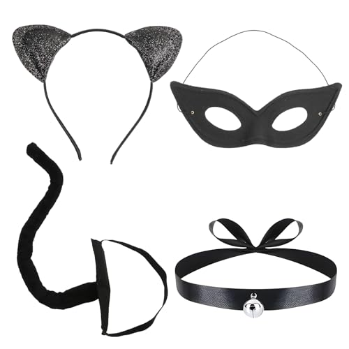 Sprinlot Katzenkostüm Damen, Katzenohren Haarreif Schwanz Halskette Masken, Katze Kostüm Accessoires Erwachsener Halloween Karneval Cosplay Party